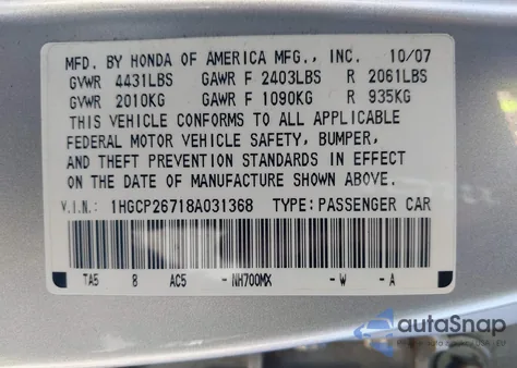 2008 Honda Accord 2.4 Ex from USA, damaged, VIN 1HGCP26718A031368